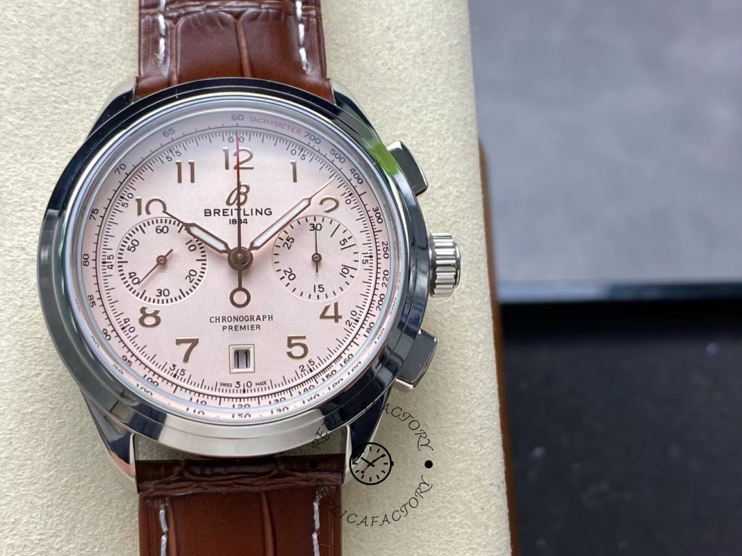 Front view of Breitling Premier B01 AB0145211G1P2 showing dual subdials and polished steel bezel. - Front view