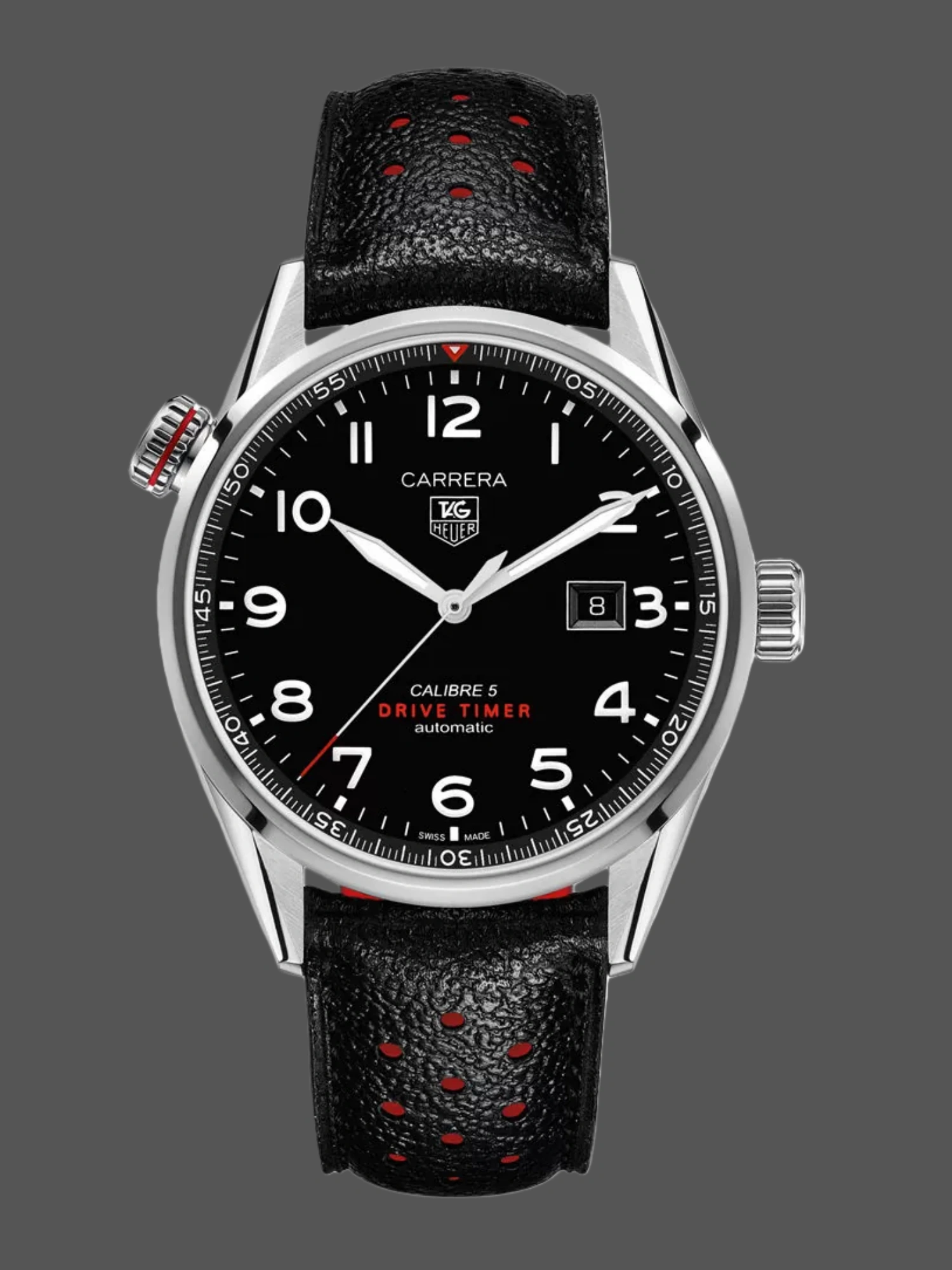 Front view of TAG Heuer Carrera Calibre 5 WAR2A10.FC6337 with black dial and red-accent strap.
