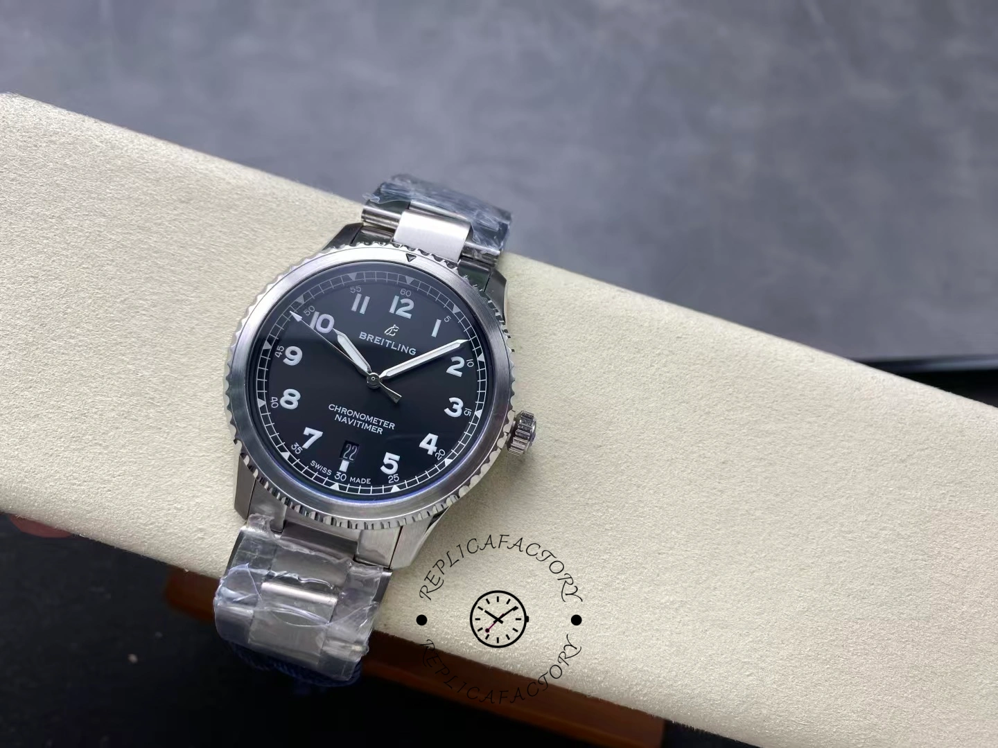 Full view of Breitling Navitimer 8 A17314101B1A1 on stainless steel bracelet.