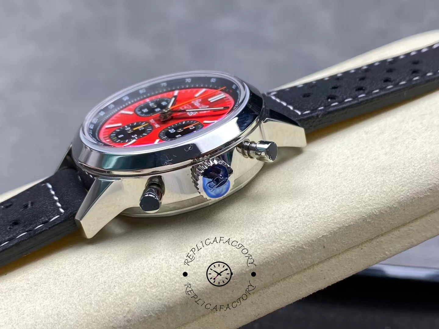 Side crown view of Breitling Top Time B01 Chevrolet Corvette AB01761A1K1X1 showing pushers.