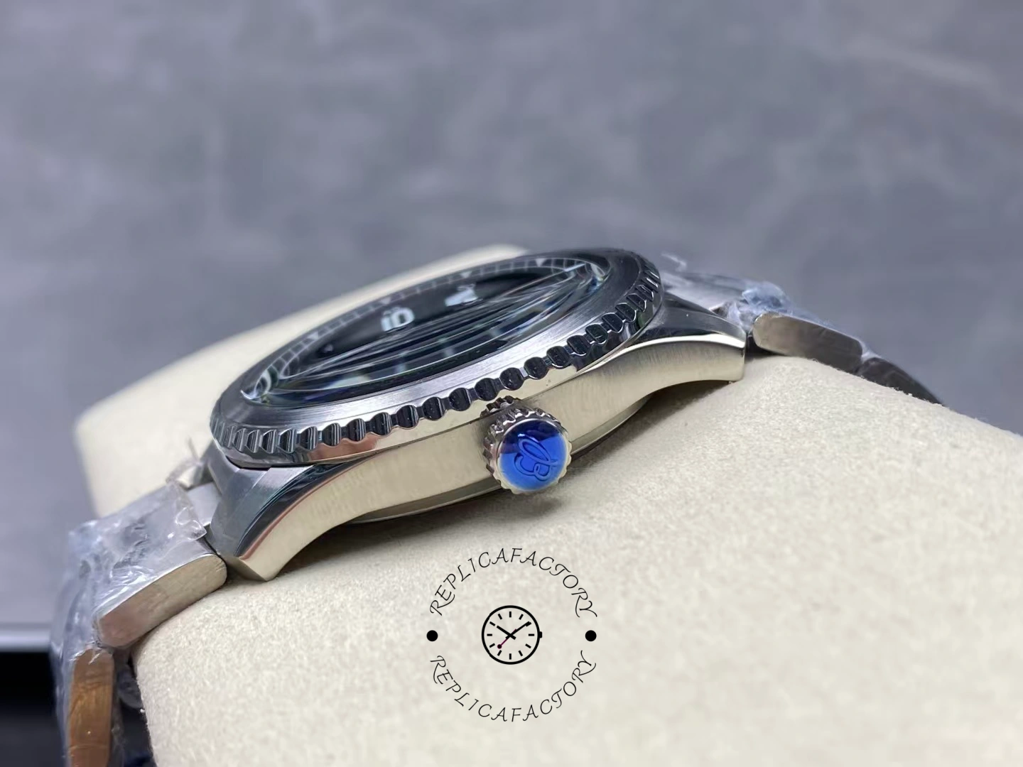 Crown side of Breitling Navitimer 8 A17314101B1A1 with blue protective cap.