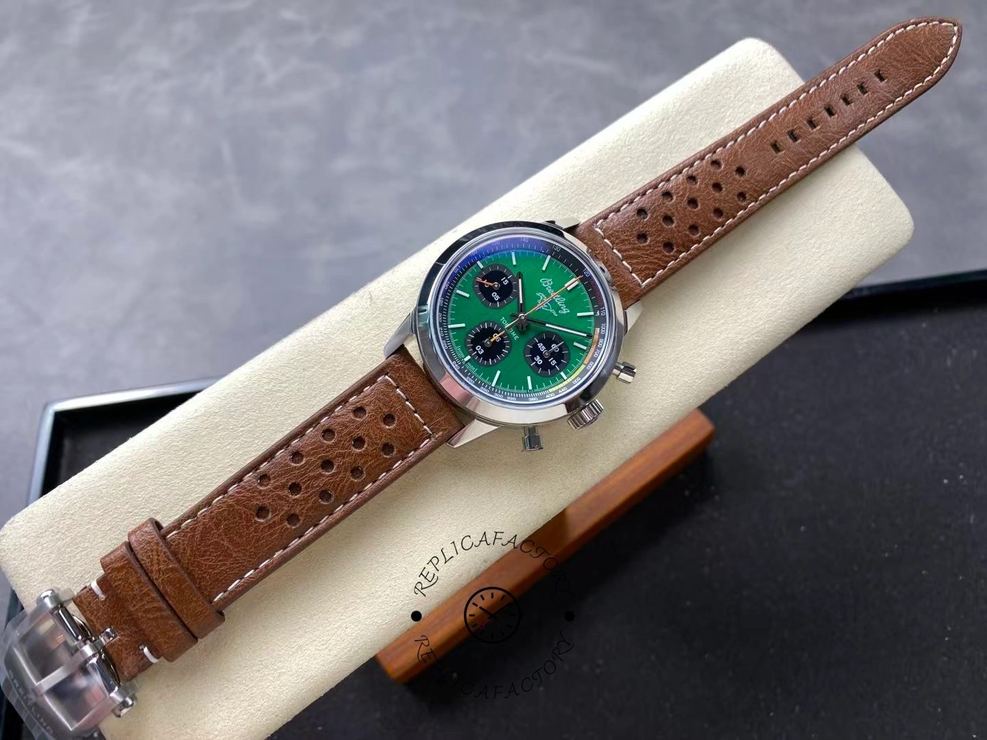 Full view of Breitling Top Time Ford Mustang A253101A1L1X1 green dial and brown strap.
