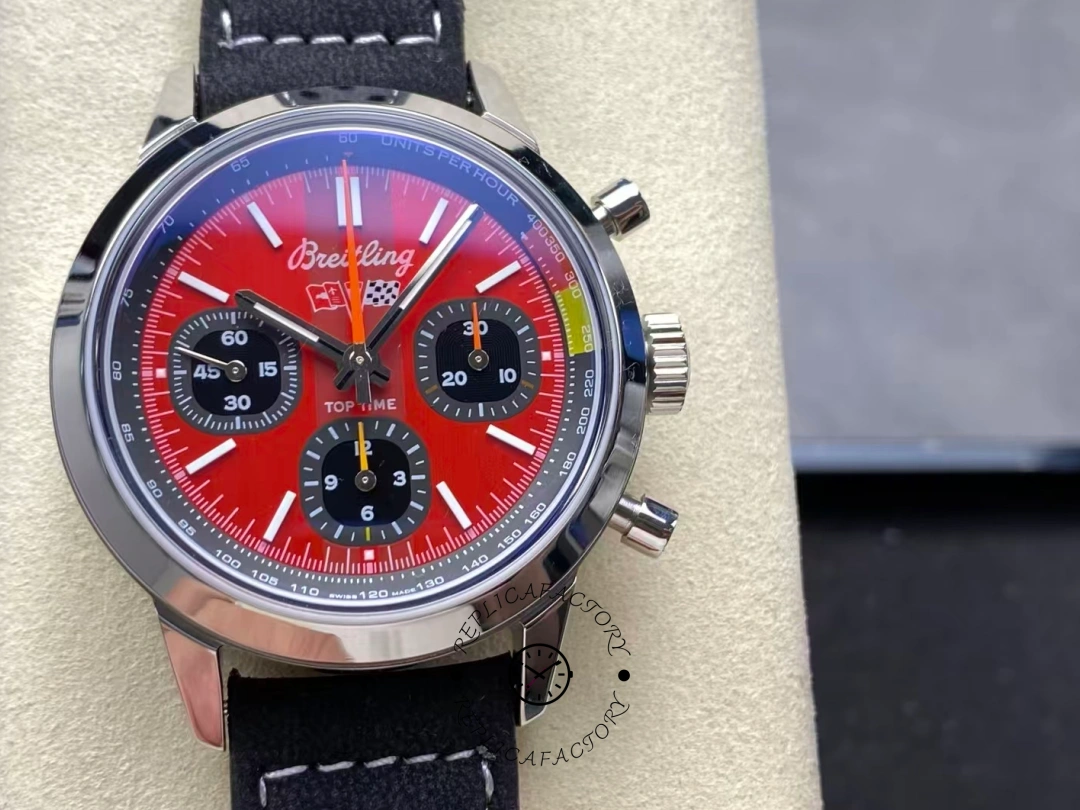Front view of Breitling Top Time B01 Chevrolet Corvette AB01761A1K1X1 with red dial and black strap. - Front view