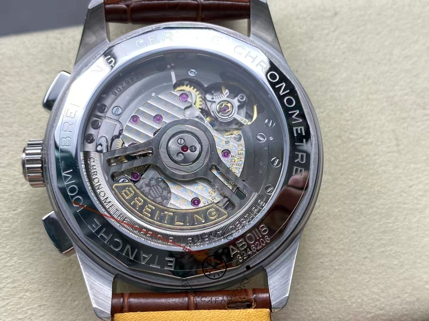 Exhibition caseback of Breitling Premier B01 AB0145371L1P1 showing automatic chronometer movement.