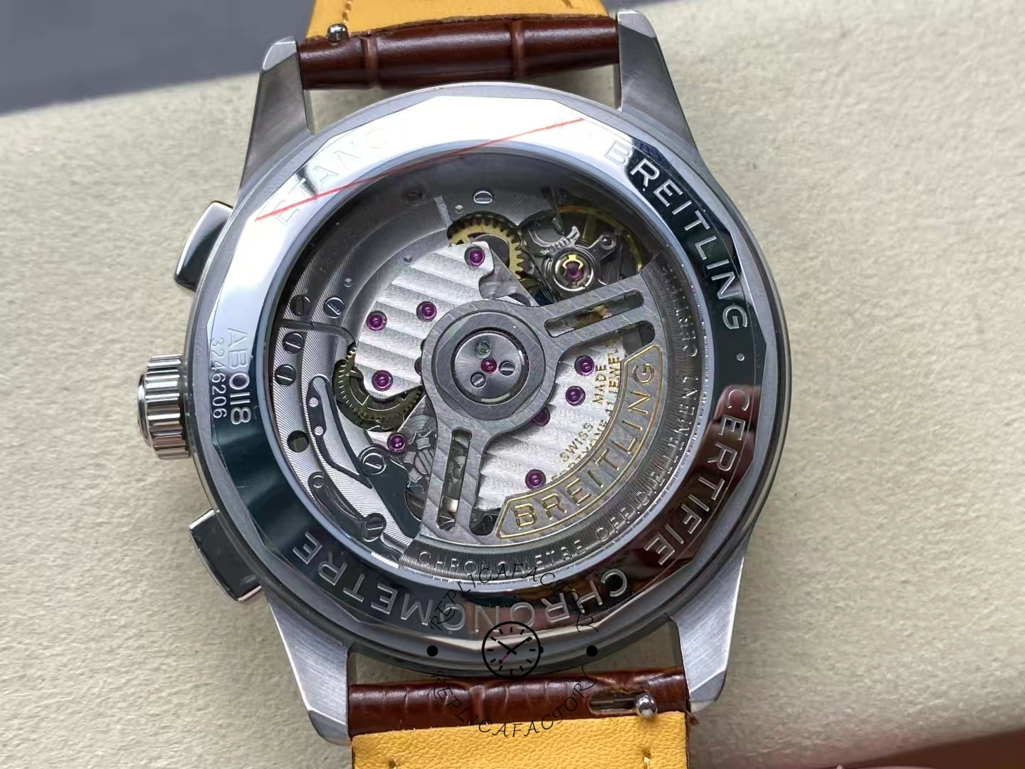 Exhibition caseback of Breitling Premier B01 AB0145331K1P2 showing automatic chronometer movement.