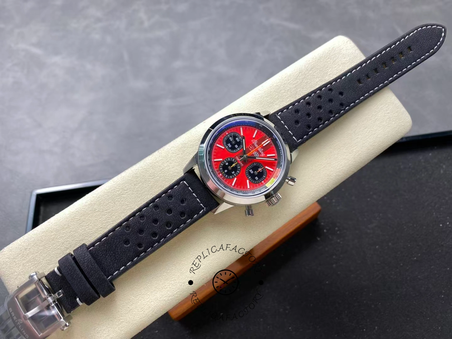 Full view of Breitling Top Time B01 Chevrolet Corvette AB01761A1K1X1 red dial with black strap.