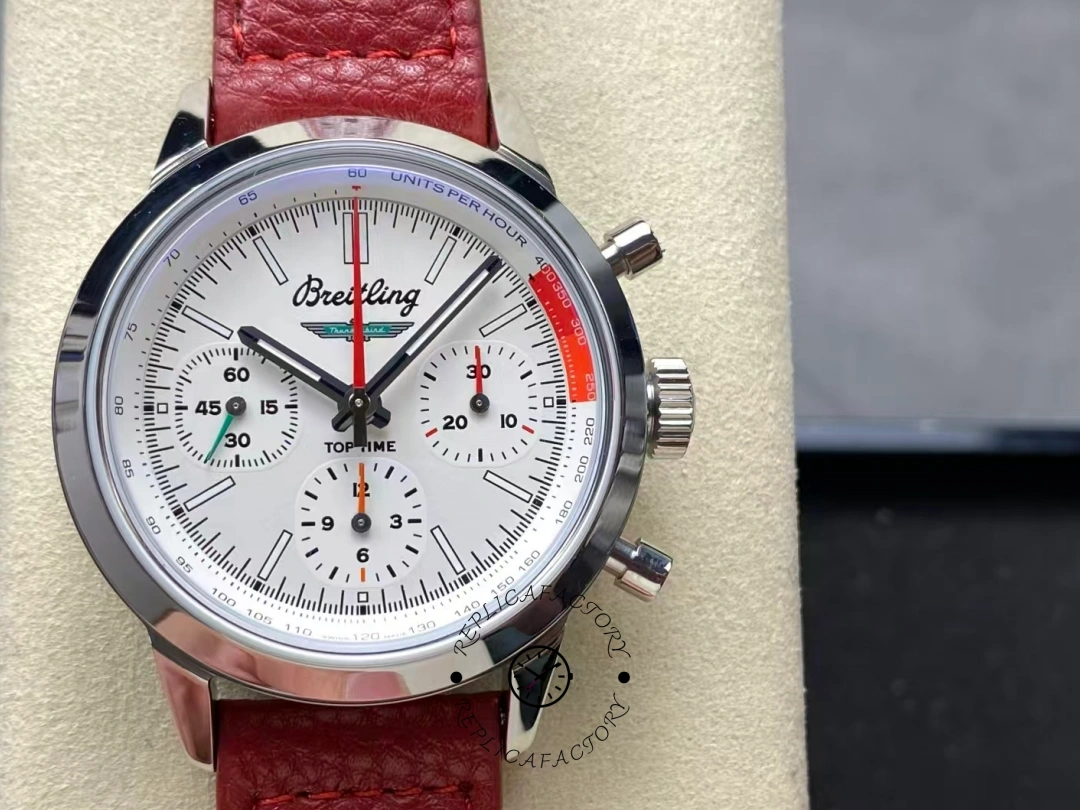 Front view of Breitling Premier B01 AB0176A71A1X1 chronograph showing three subdials. - Front view