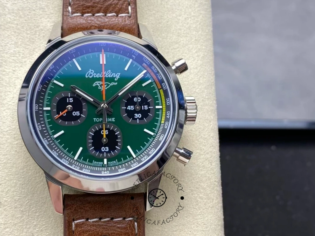 Front view of Breitling Top Time Ford Mustang A253101A1L1X1 showing three subdials. - Front view