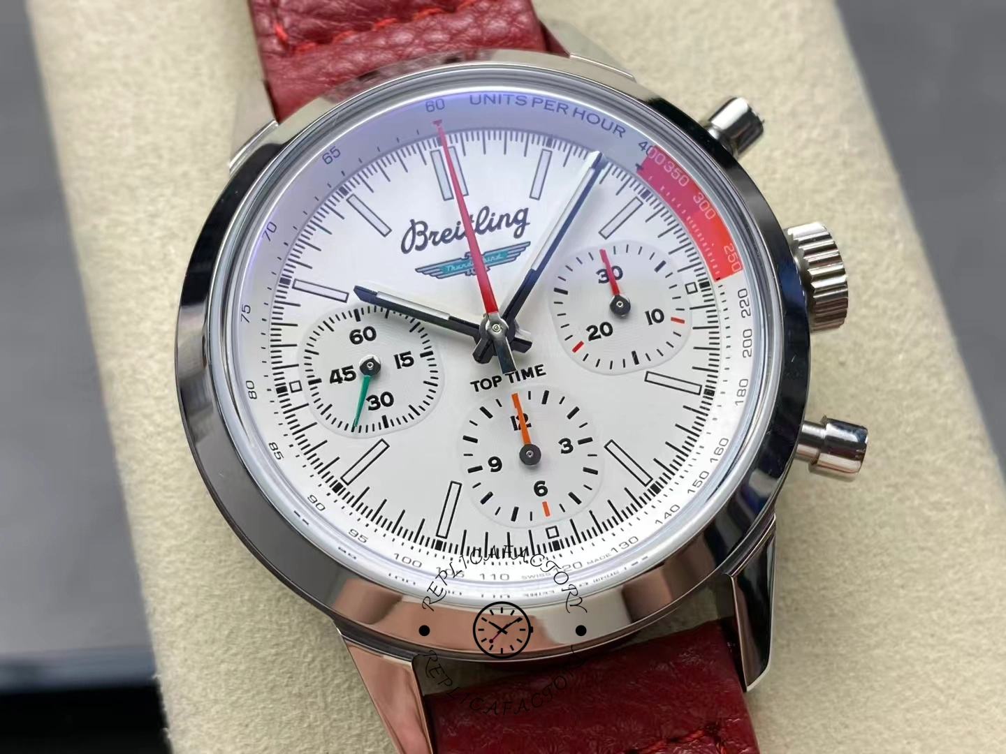 Centered view of Breitling Premier B01 AB0176A71A1X1 white dial with tachymeter scale.