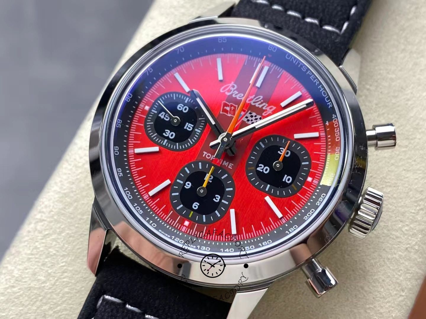 Close-up of Breitling Top Time B01 Chevrolet Corvette AB01761A1K1X1 chronograph red dial.