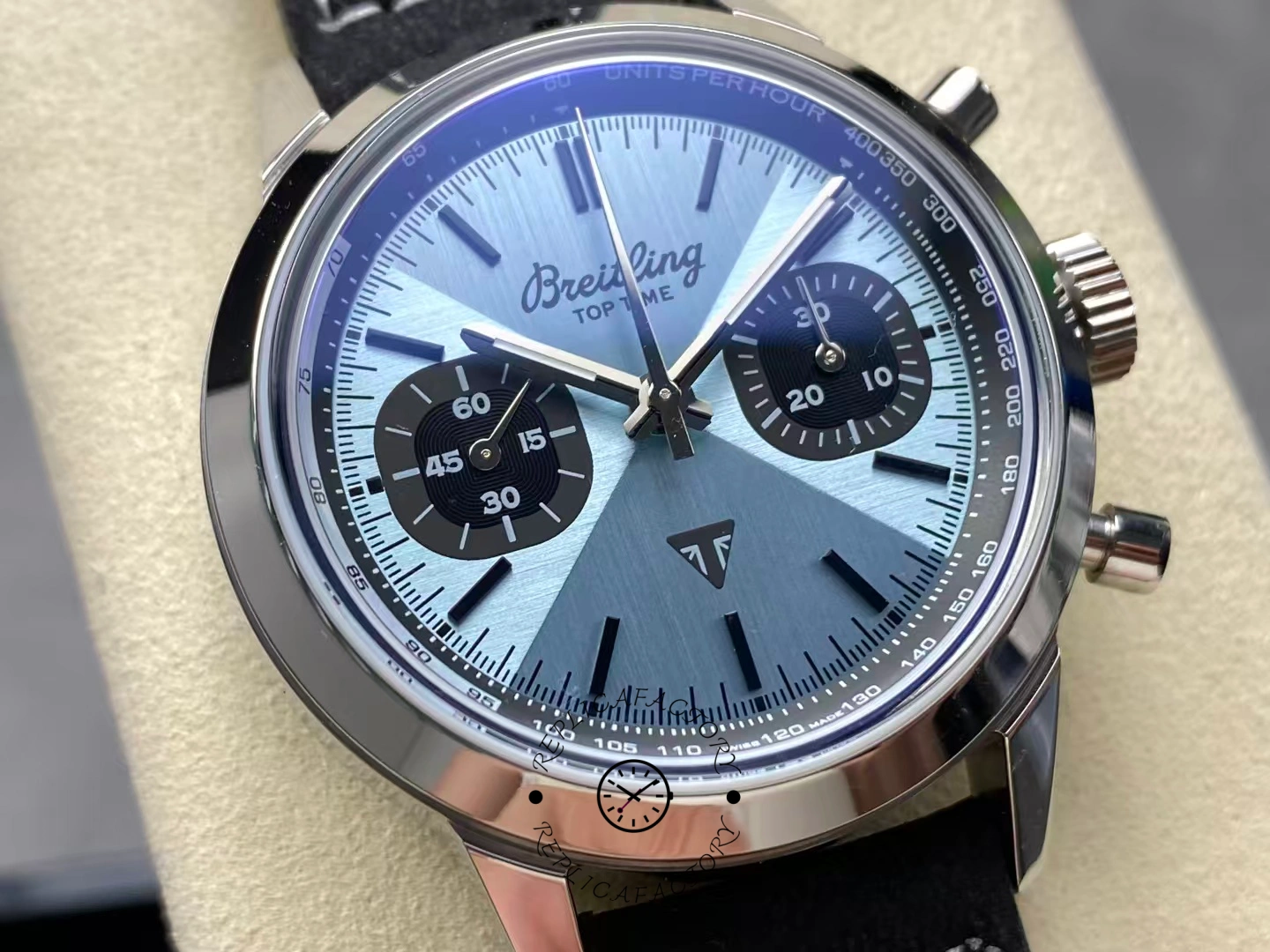 Detailed dial shot of Breitling Top Time B01 Triumph AB017641C1X1 showing chronograph hands.