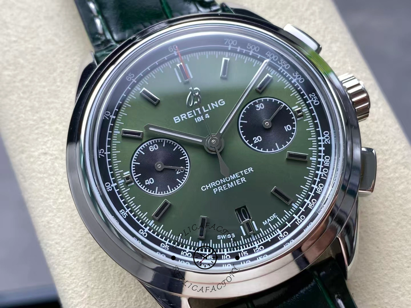 Macro dial close-up of Breitling Premier B01 AB0118A11L1X1 showing tachymeter scale.