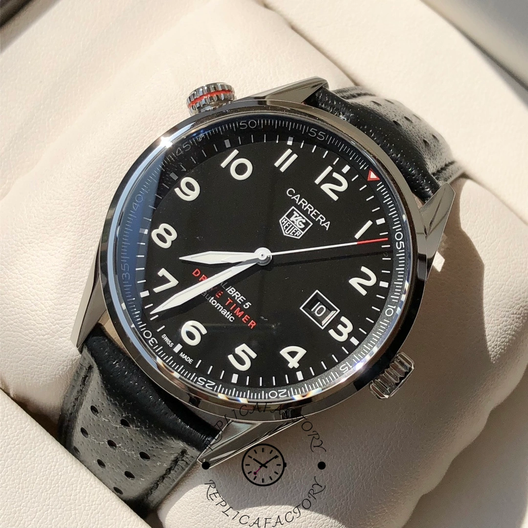 Close-up angled view of TAG Heuer Carrera Calibre 5 WAR2A10.FC6337 showing date window.