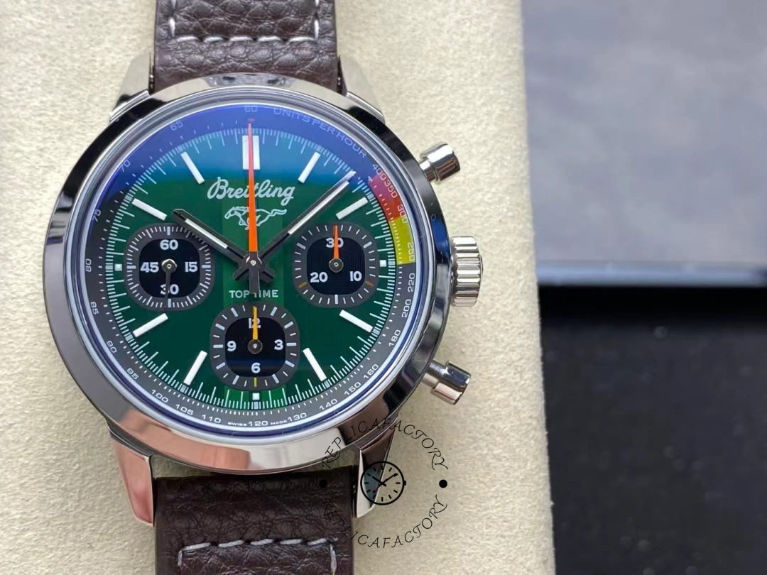 Front view of Breitling Top Time B01 AB01762A1L1X1 showing triple black subdials. - Front view