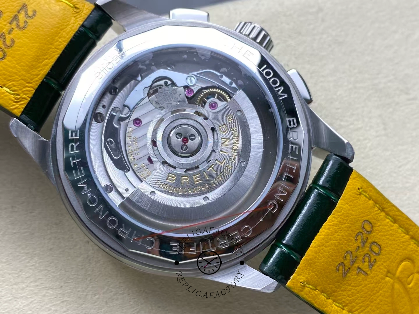 Exhibition caseback of Breitling Premier B01 AB0118A11L1X1 showing automatic chronometer movement.