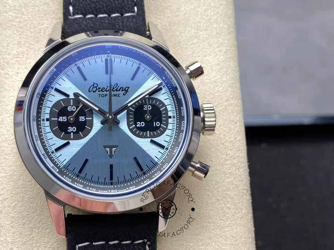 Front view of Breitling Top Time B01 Triumph AB017641C1X1 ice blue chronograph dial. - Front view