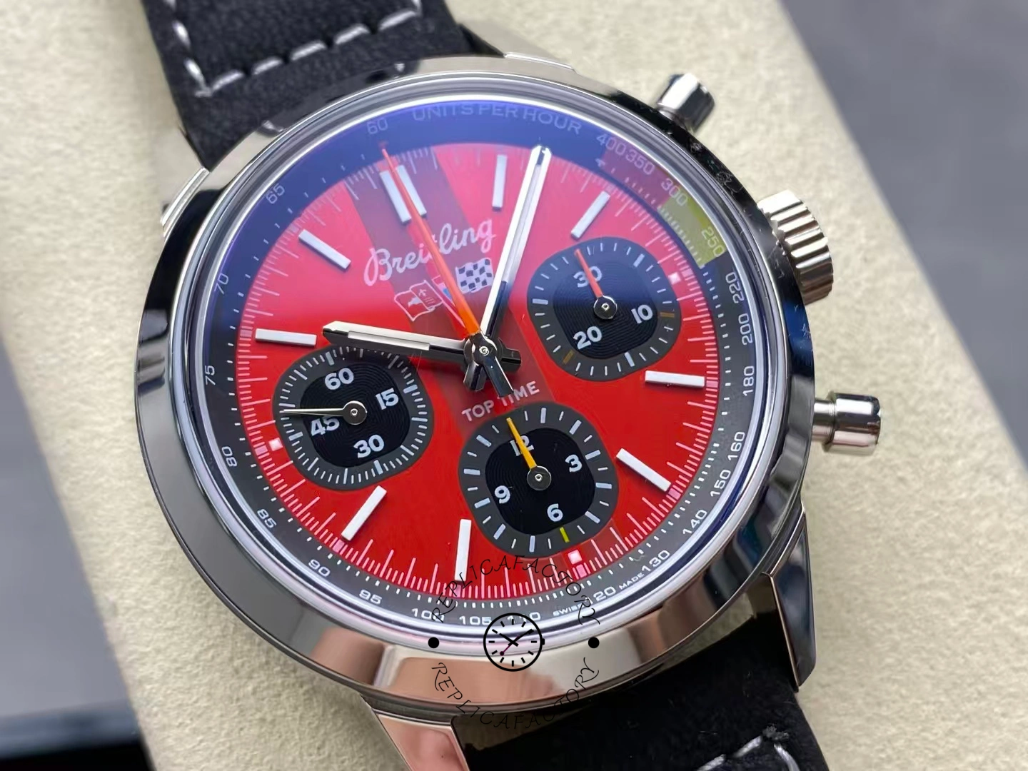 Detailed dial view of Breitling Top Time B01 Chevrolet Corvette AB01761A1K1X1 showing three subdials.