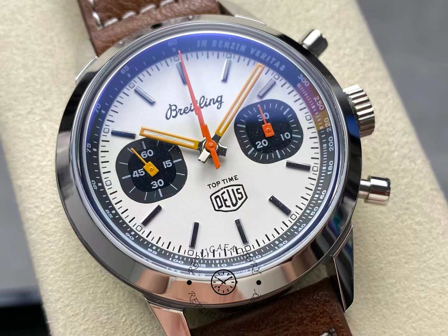 Dial detail of Breitling Top Time Deus A233101A1A1X1 with DEUS logo.