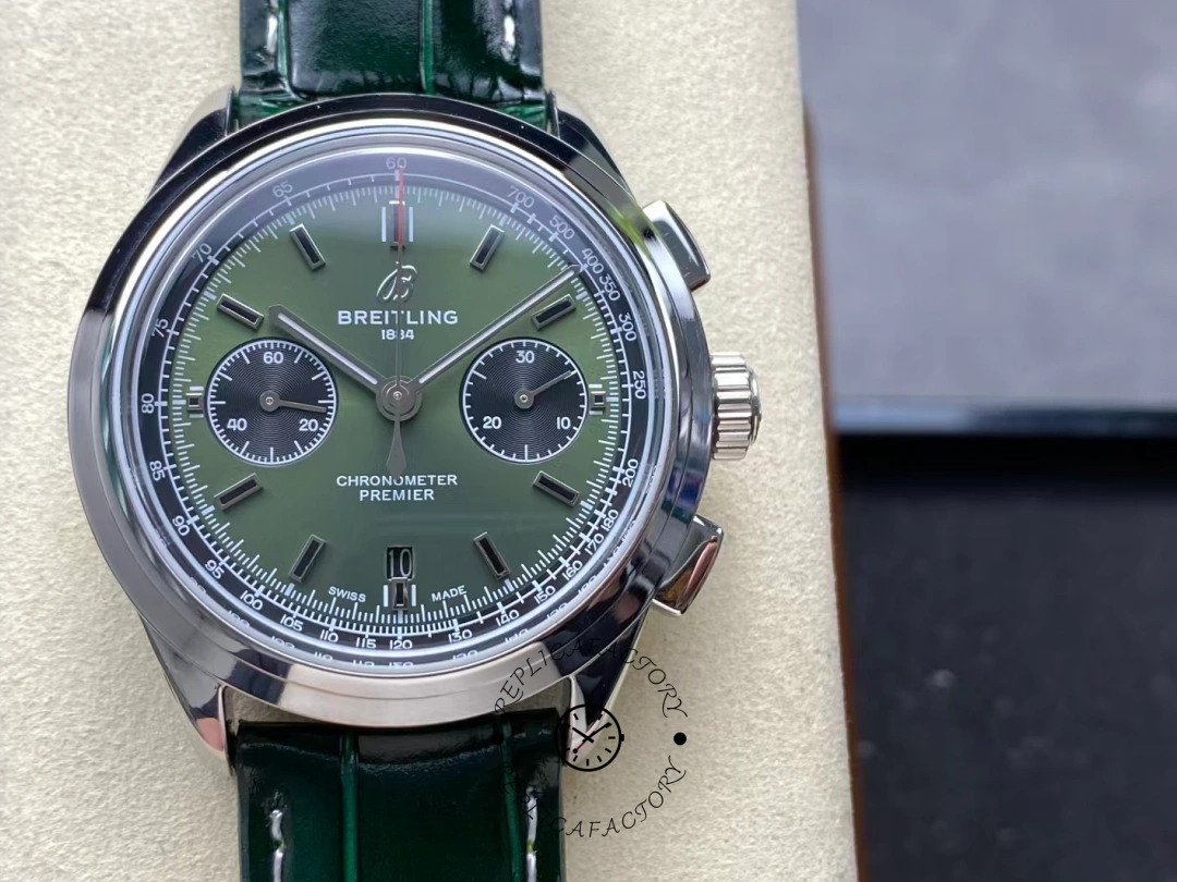 Front close-up of Breitling Premier B01 Chronograph 42 AB0118A11L1X1 green dial with dual subdials. - Front view