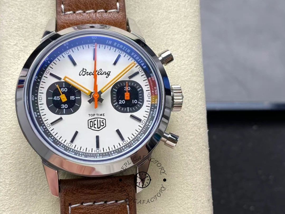 Front view of Breitling Top Time Deus A233101A1A1X1 showing twin subdials. - Front view