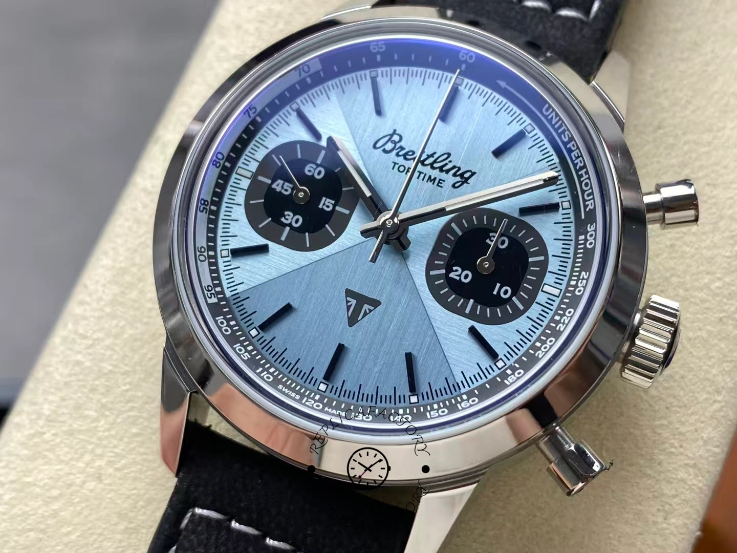 Close-up of Breitling Top Time Triumph A23311121C1X1 ice-blue dial with dual subdials.