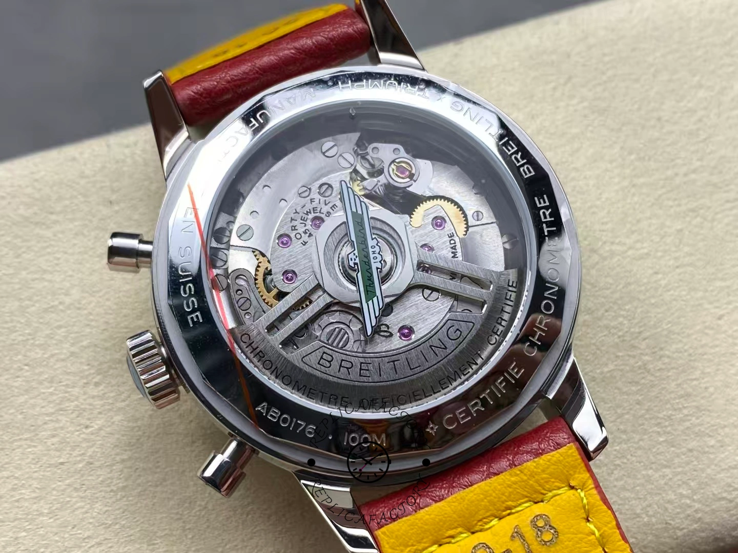 Exhibition caseback of Breitling Premier B01 AB0176A71A1X1 showing automatic movement.