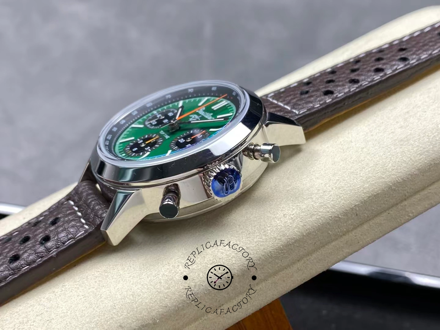 Side view of Breitling Top Time B01 AB01762A1L1X1 showing crown and pushers.