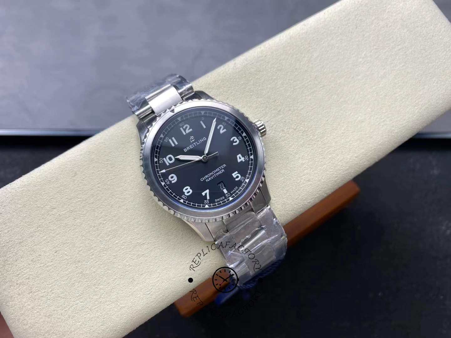 Angled top view of Breitling Navitimer 8 A17314101B1A1 black dial automatic watch.