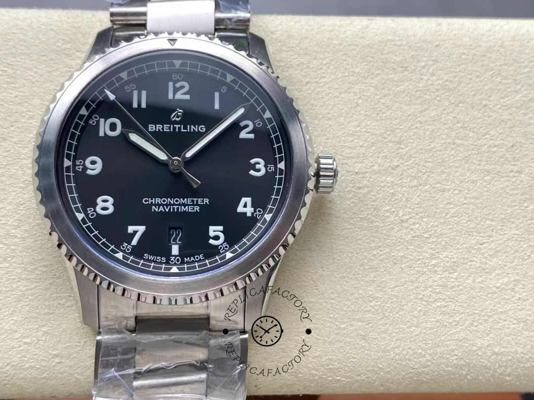 Front view of Breitling Navitimer 8 A17314101B1A1 black dial chronometer watch. - Front view