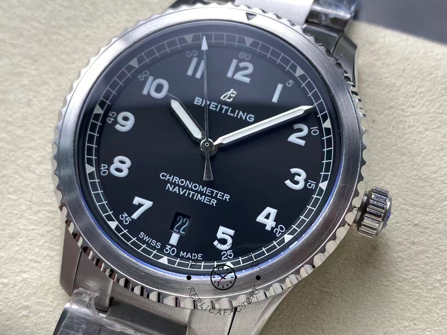 Close-up of Breitling Navitimer 8 A17314101B1A1 black dial with luminous numerals and date window.