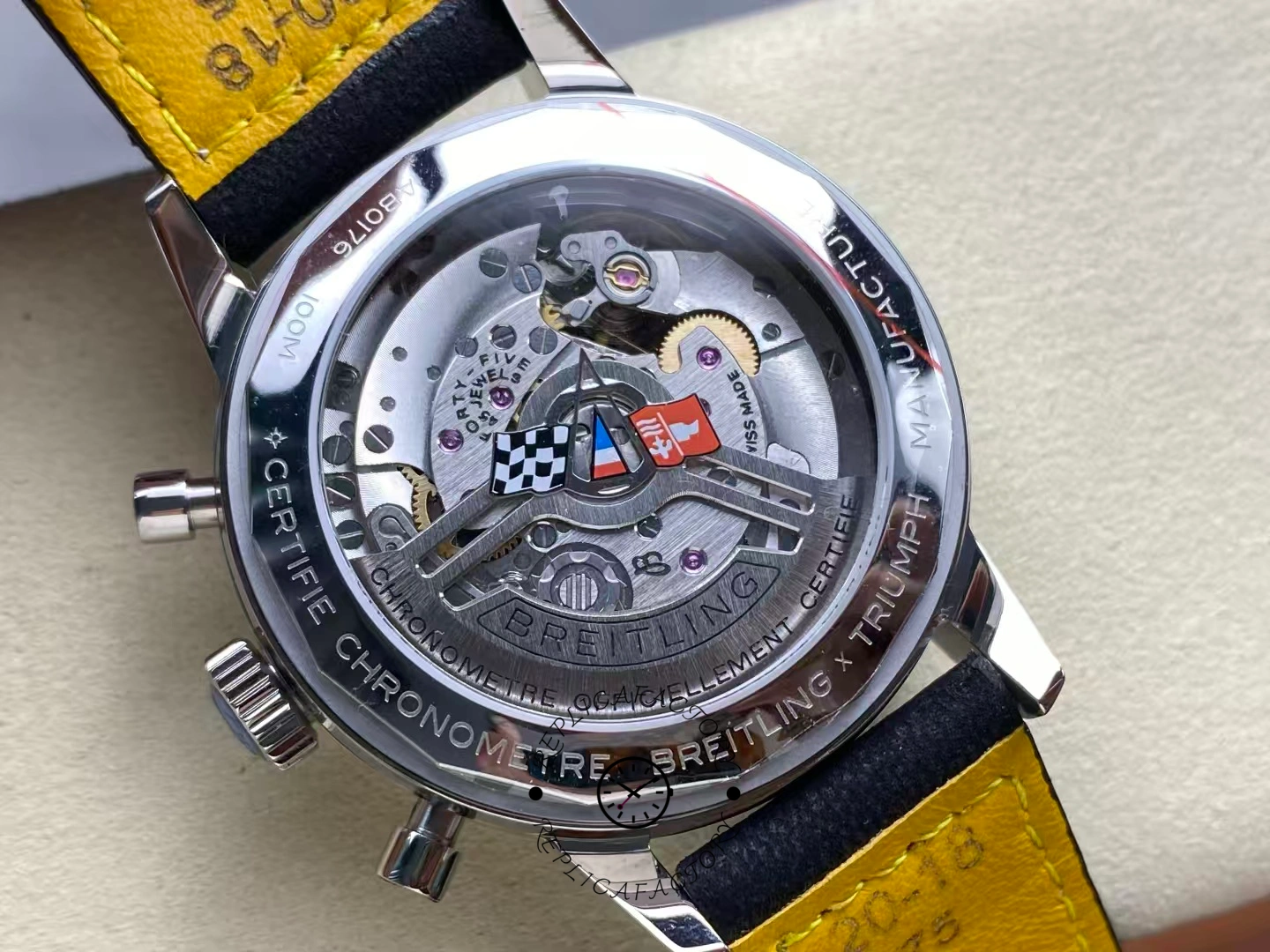 Exhibition caseback of Breitling Top Time B01 Chevrolet Corvette AB01761A1K1X1 with logo rotor.