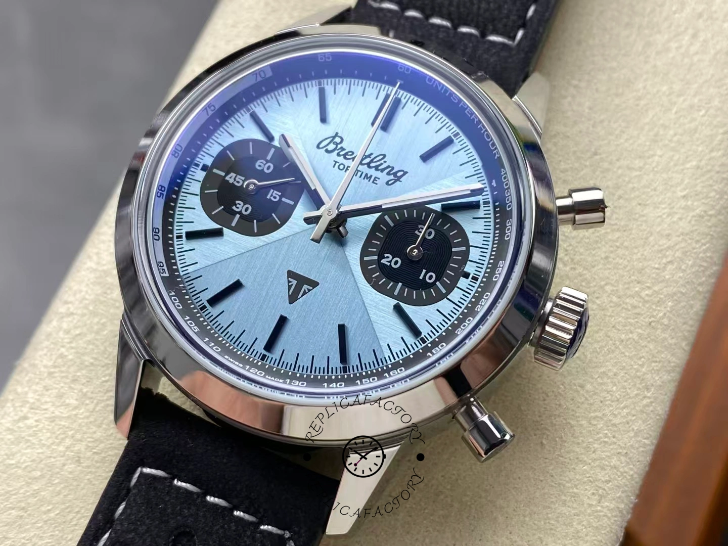 Close-up of Breitling Top Time B01 Triumph AB017641C1X1 with ice blue dial and black subdials.