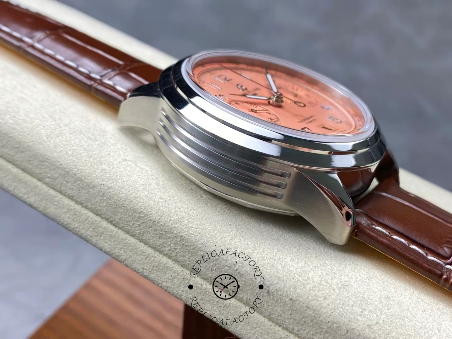 Left side case design of Breitling Premier B01 AB0145331K1P2 with polished layered lines.