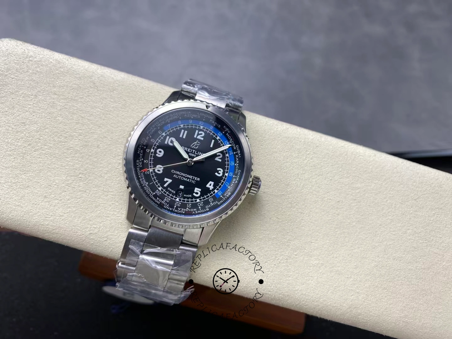 Full angled view of Breitling Aviator 8 B35 AB3521U41B1A1 showing dial and bracelet.