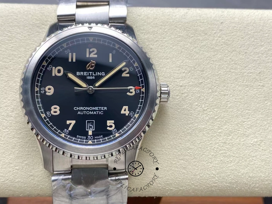 Front view of Breitling Aviator 8 Automatic 41 A17315101B1A1 showing black dial with beige numerals. - Front view