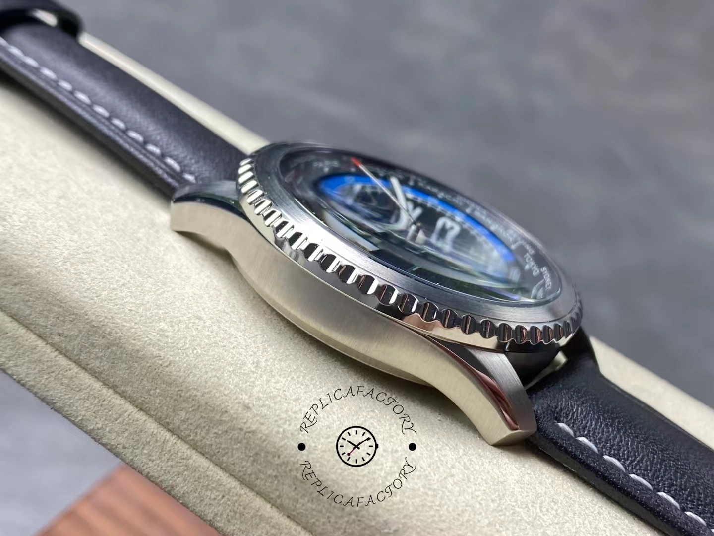 Angled side view of Breitling Aviator 8 B35 Unitime 43 AB3521U41B1P1 showing fluted bezel.