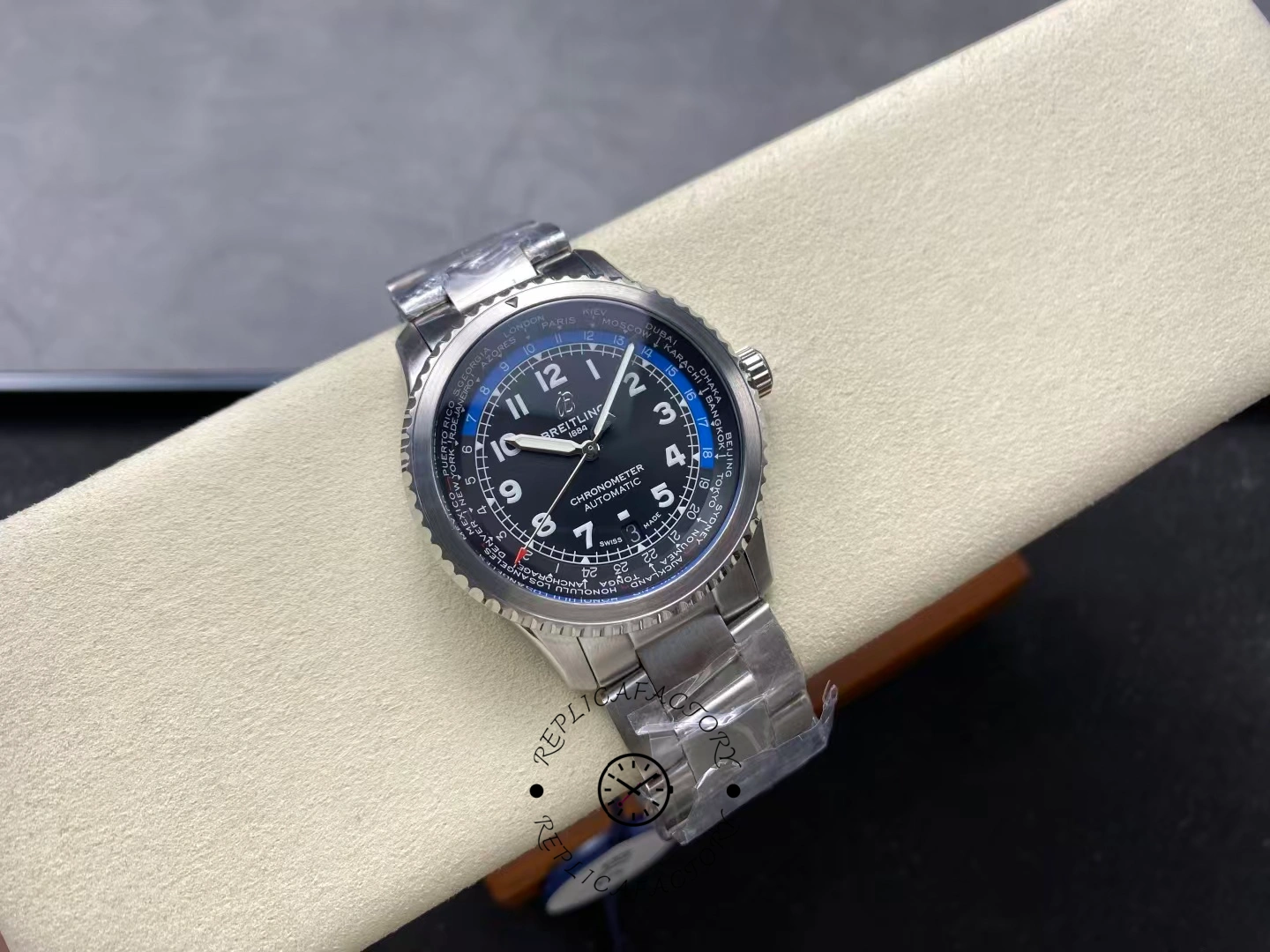 Top view of Breitling Aviator 8 B35 AB3521U41B1A1 showing complete world time layout.