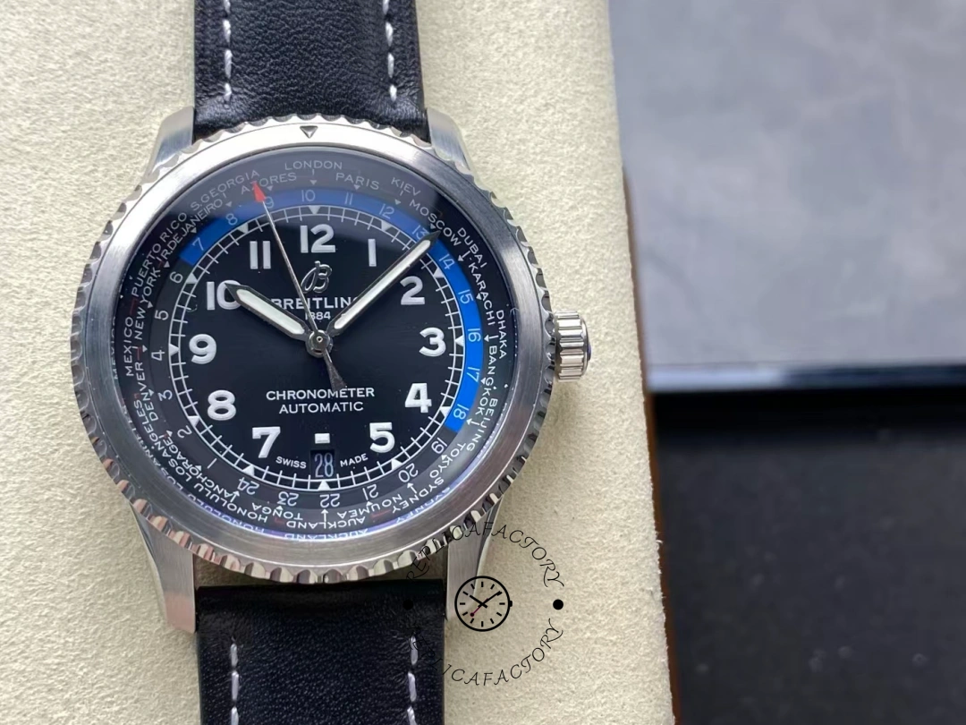 Front view of Breitling Aviator 8 B35 Unitime 43 AB3521U41B1P1 with blue and white accents. - Front view