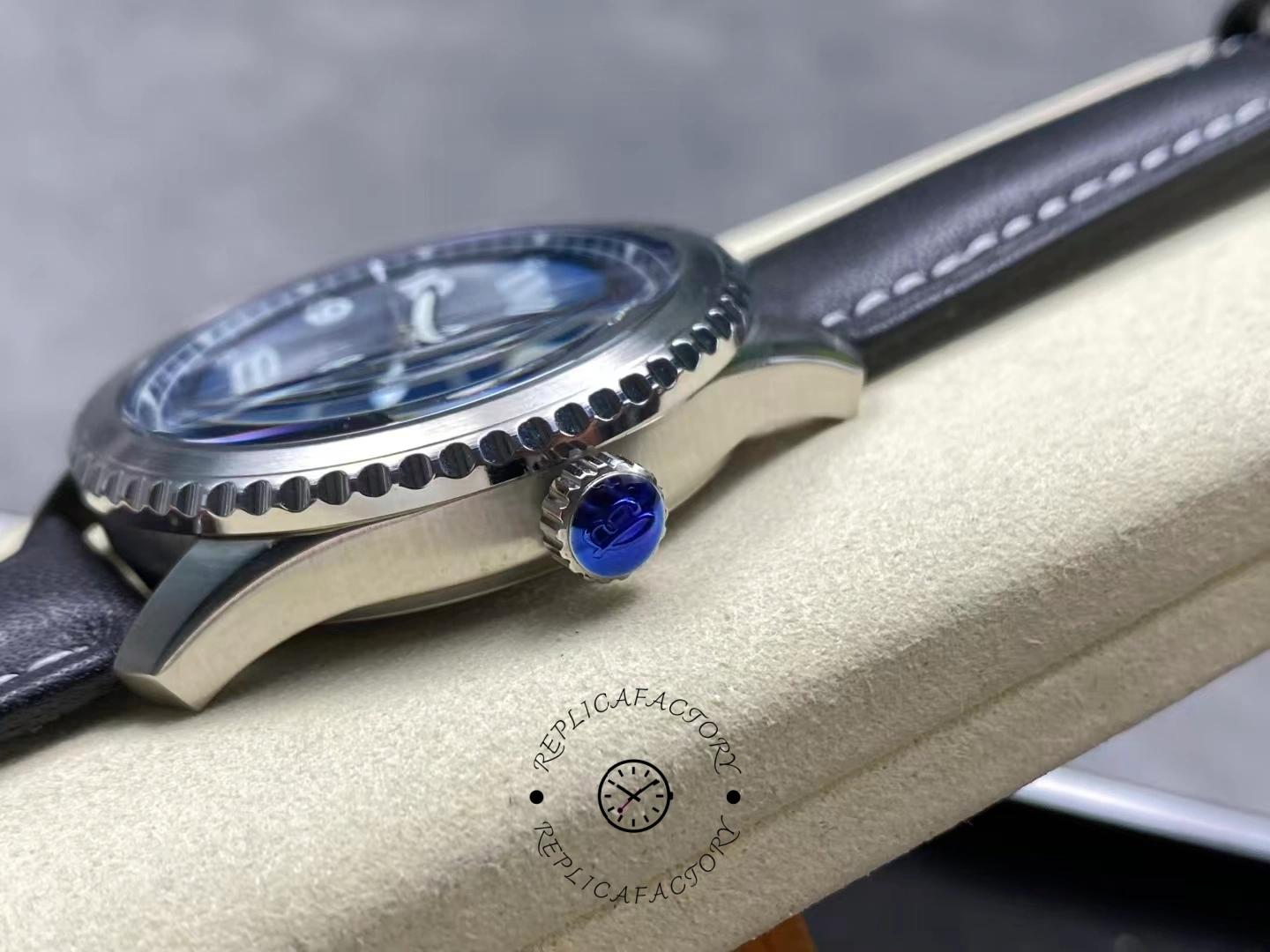 Side view of Breitling Navitimer 8 Automatic 41 A17314101C1X2 showing crown with blue logo.