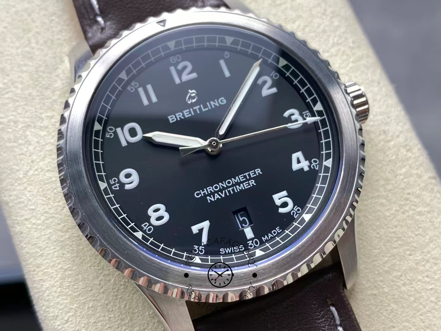 Close-up of Breitling Navitimer 8 Automatic 41 A17314101B1X1 with black dial and silver bezel.