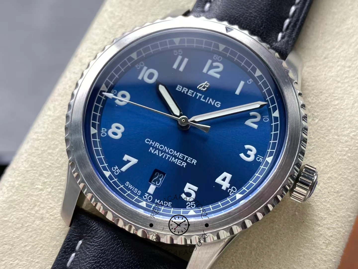 Close-up of Breitling Navitimer 8 Automatic 41 A17314101C1X2 showing blue dial and silver bezel.