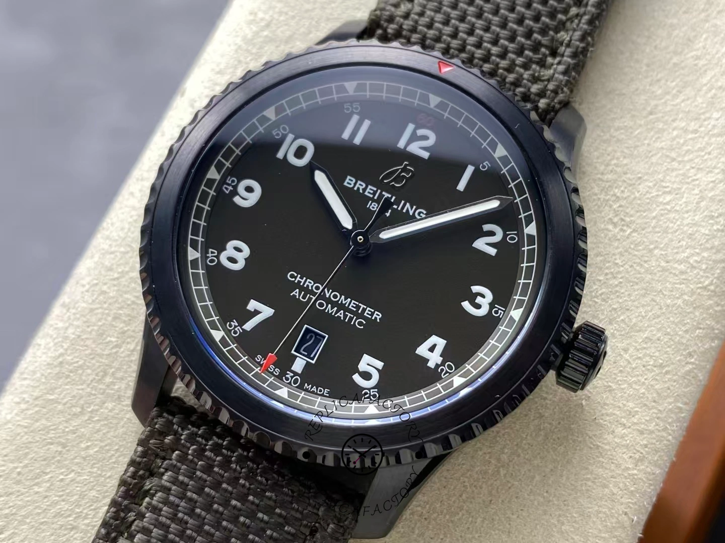 Close-up of Breitling Navitimer 8 Curtiss Warhawk M173152A1L1X1 dial showing date window at 6.