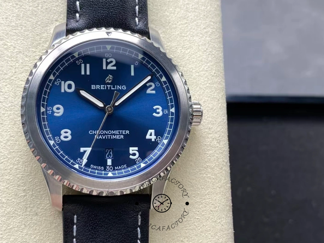 Front view of Breitling Navitimer 8 Automatic 41 A17314101C1X2 with blue dial and white numerals. - Front view