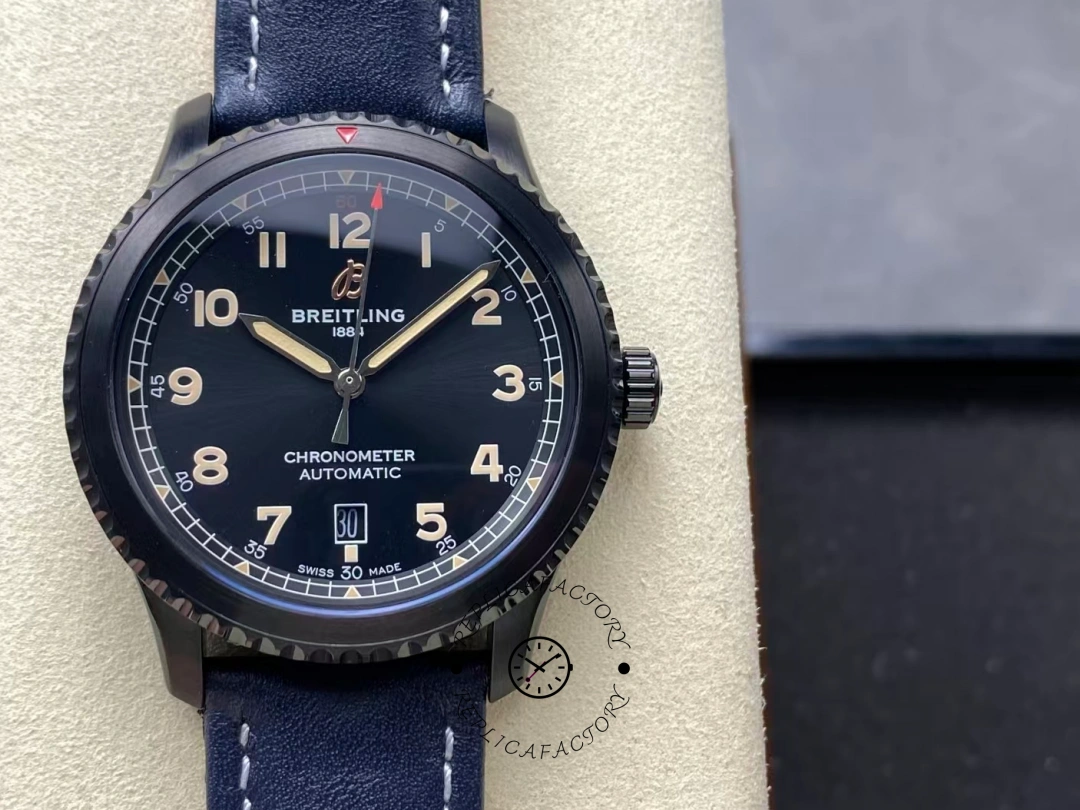 Close-up of Breitling Navitimer Aviator 8 M17314101B1X1 with black dial and cream Arabic numerals. - Front view