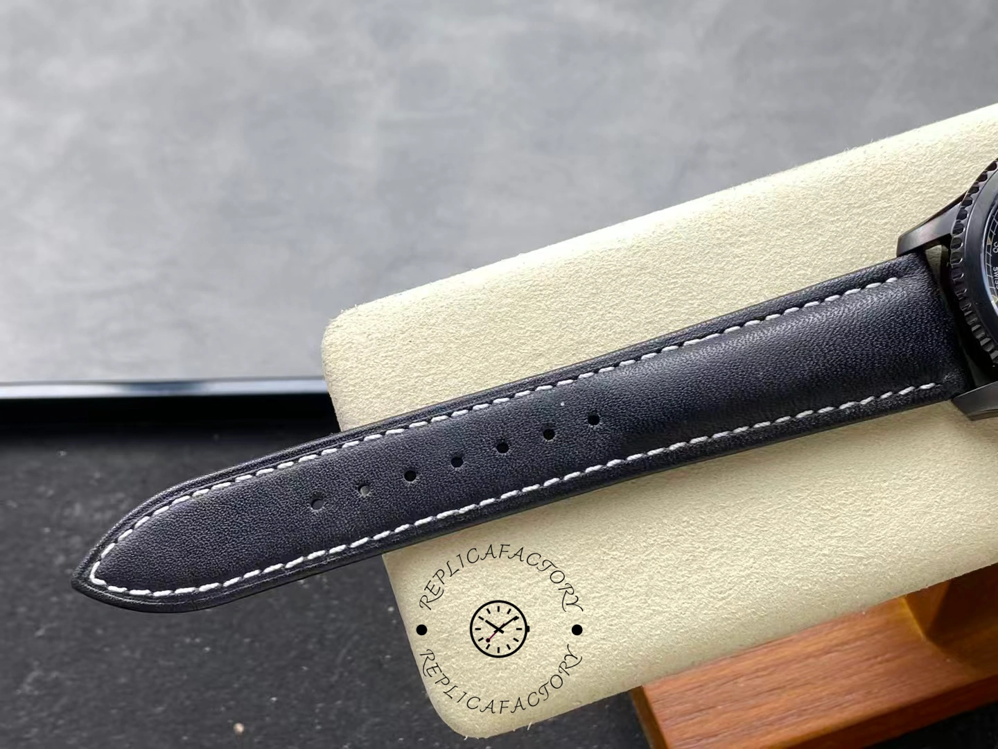 Full leather strap view of Breitling Navitimer 8 Automatic 41 M17314101B1X1 with white stitching.