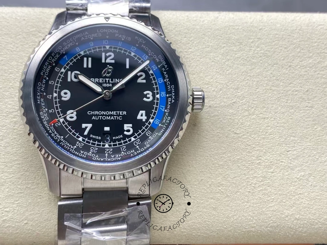 Front view of Breitling Aviator 8 B35 AB3521U41B1A1 showing full dial with city ring. - Front view