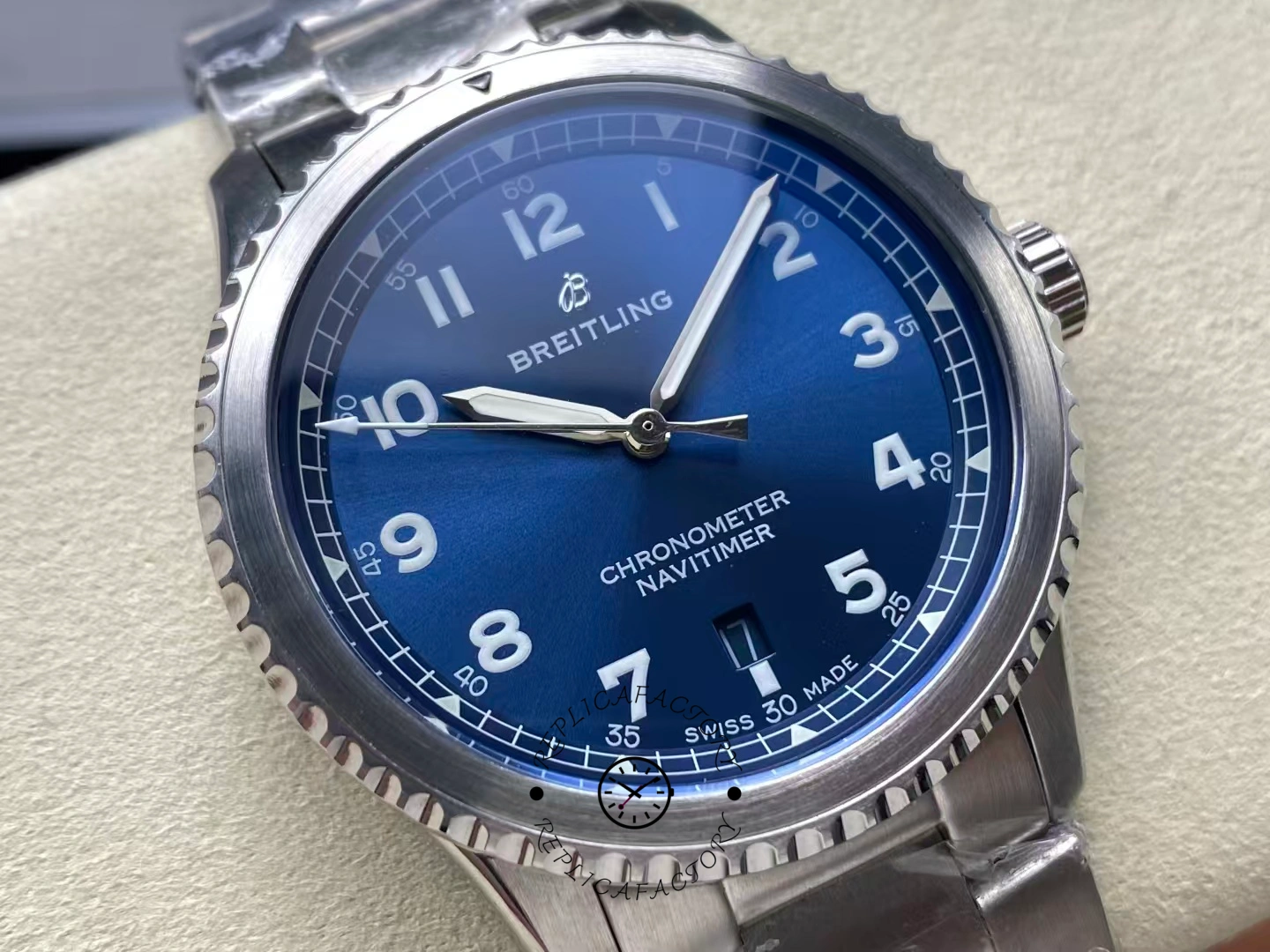 Detailed look at Breitling Navitimer 8 A17314101C1A1 showing brushed bezel and hands.