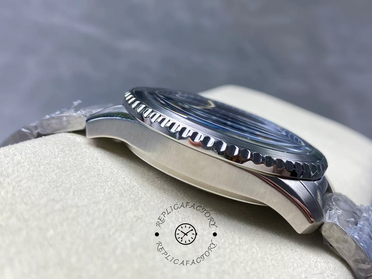 Side profile of Breitling Aviator 8 A17315101C1A1 with ridged bezel detail.