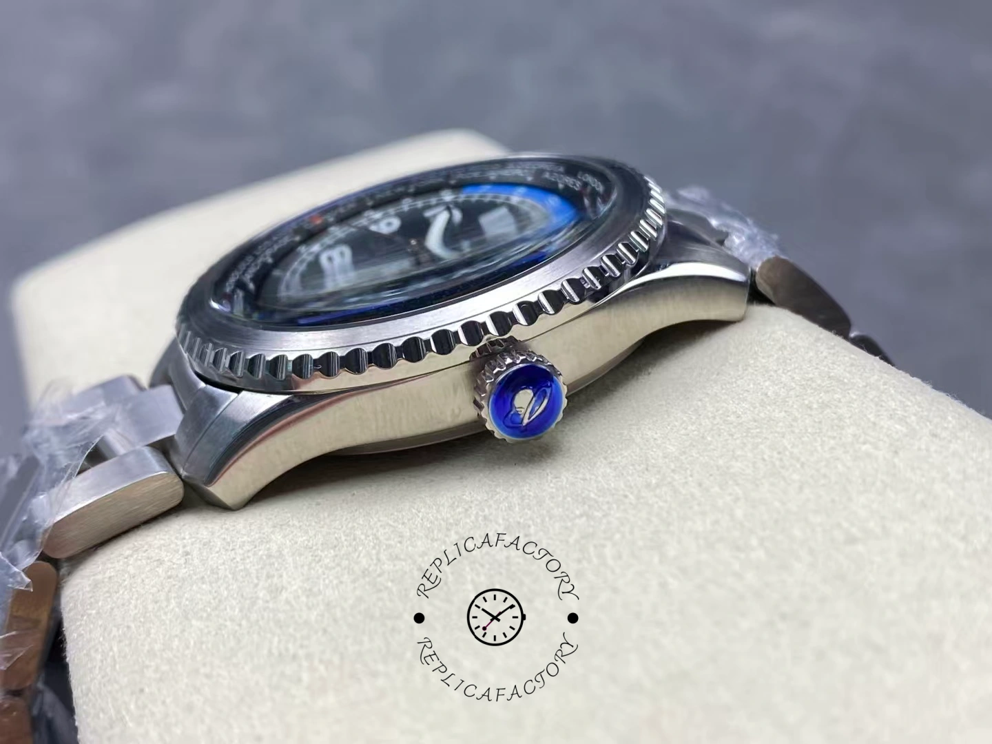 Crown side of Breitling Aviator 8 B35 AB3521U41B1A1 showing blue logo crown and brushed case.