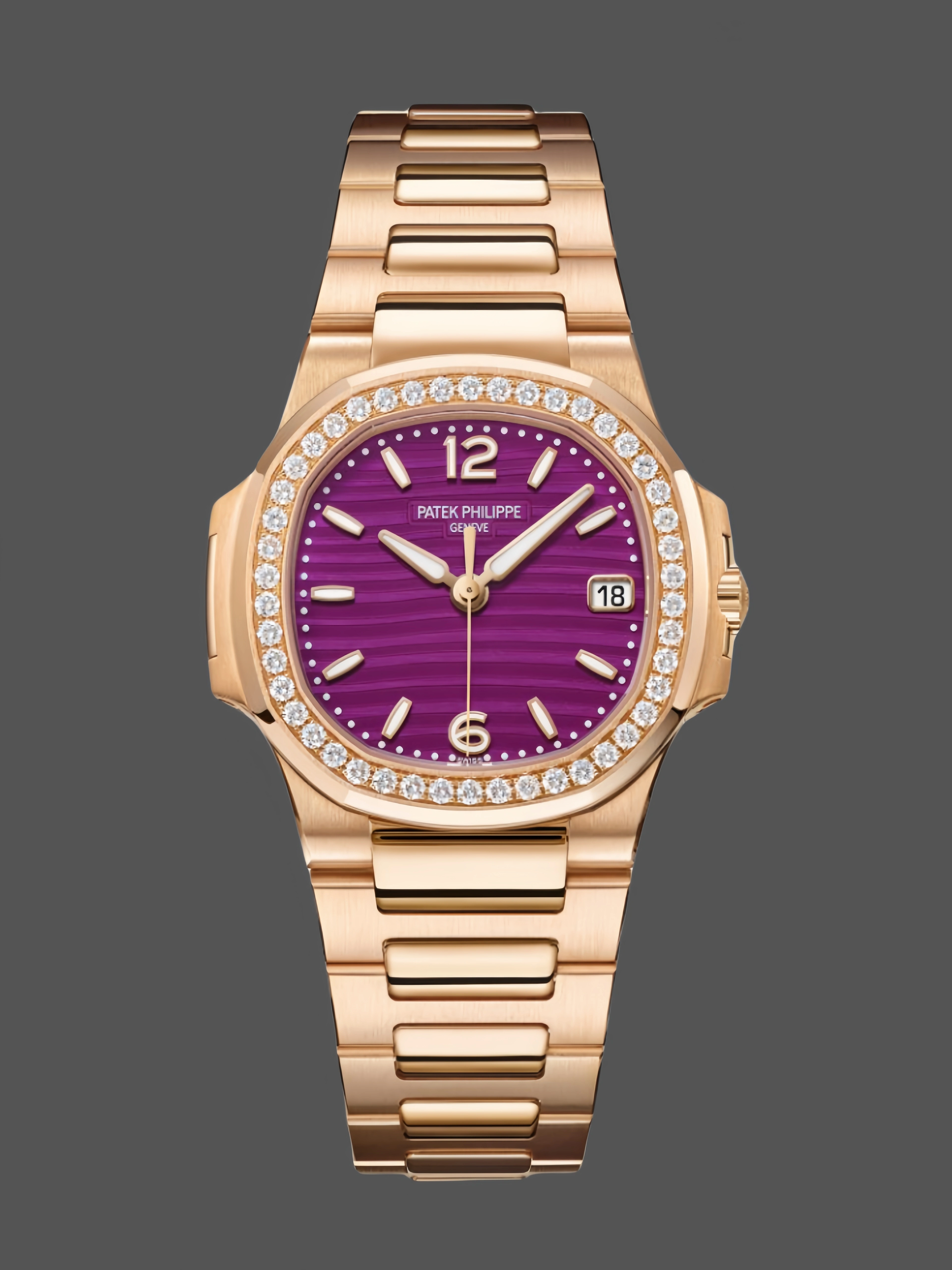 Front view of Patek Philippe Nautilus 7010/1R-013 showing purple dial and diamond bezel.